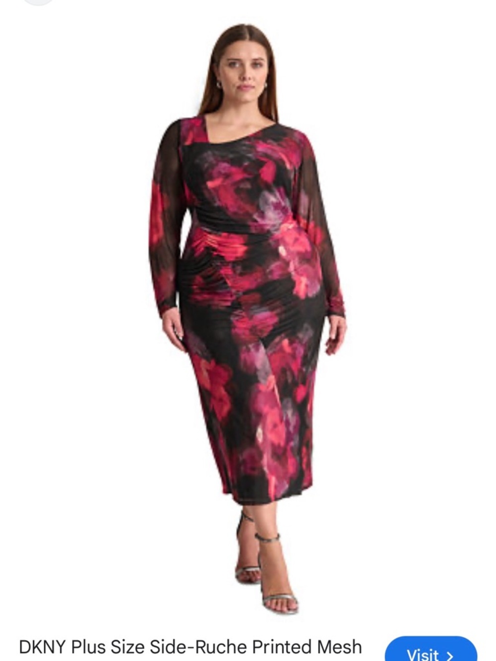 DKNY plus size side-rushed printed mesh dress